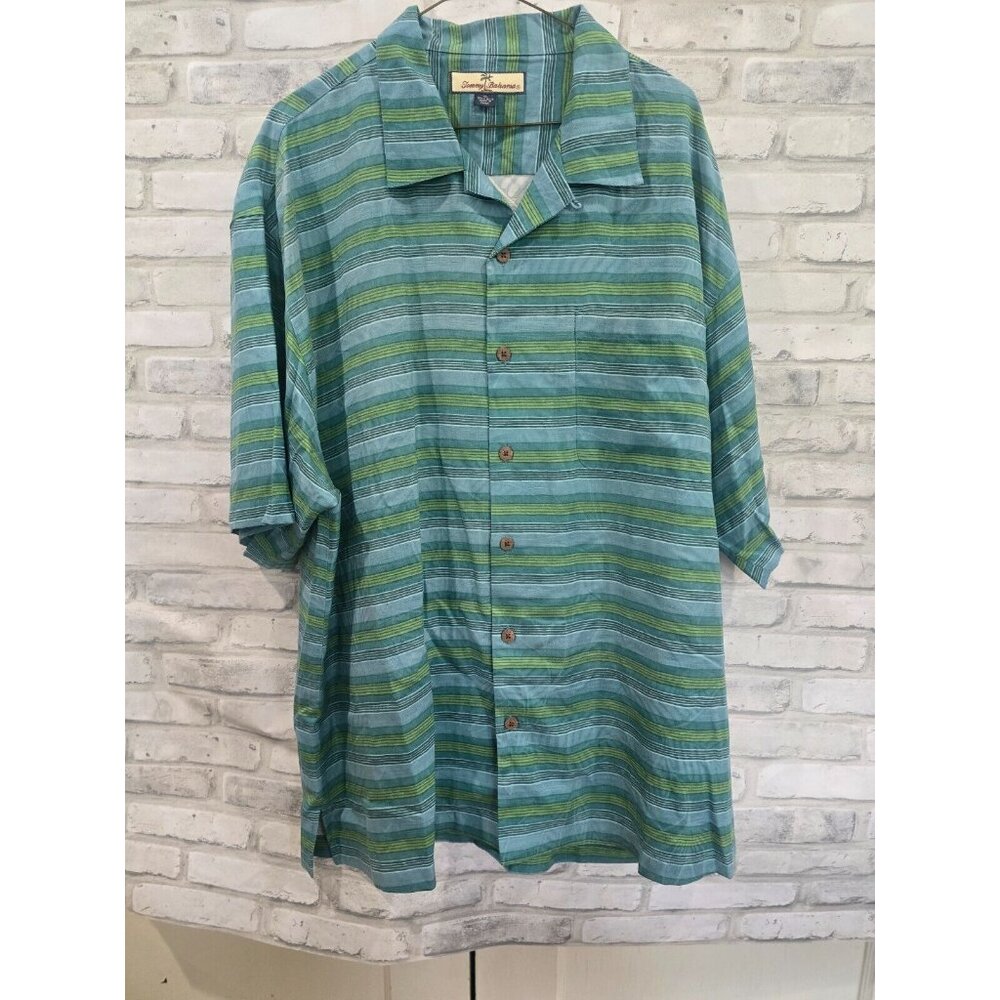 Tommy Bahama Camp Shirt XL Fever Blue Grotto Stripe Island Zone Relax Silk Crisp